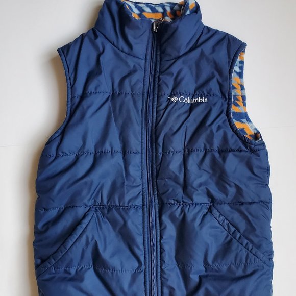COLUMBIA Boys Fleece Blue Reversible Puffer Outdoor Vest Camping Travel Fall - Picture 1 of 9